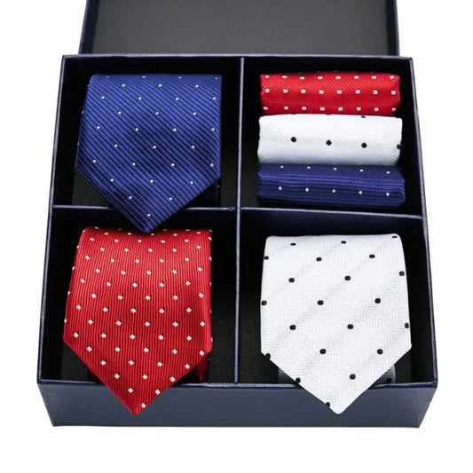 Men's Navy Red White Polka Dot Neck Tie and Hanky Gift Set - Satin & Sox