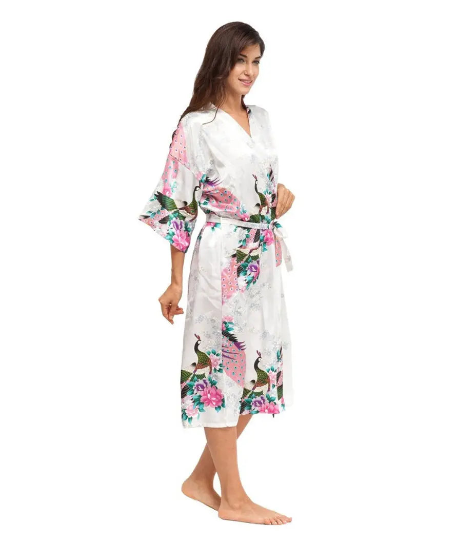 Long Satin Kimono style dressing gown Cream and Pink - Satin & Sox