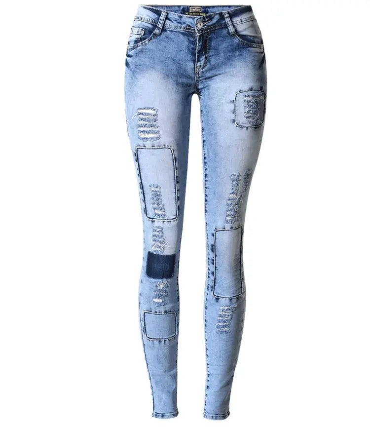 Sky Blue Patchwork Skinny Jeans - Satin & Sox