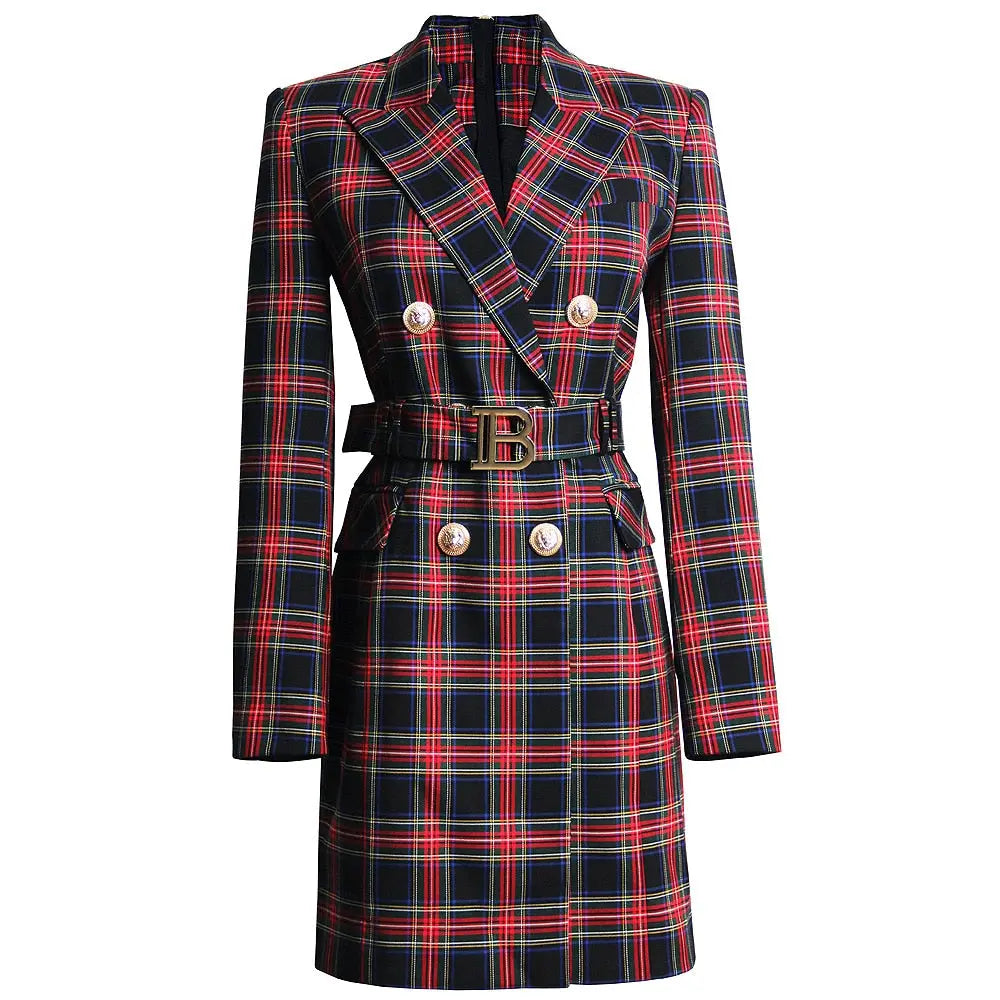 Red Tartan Military Coat with Collar and Belt - Satin & Sox