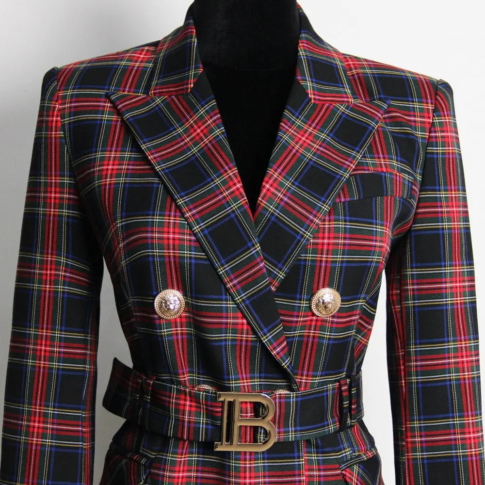 Red Tartan Military Coat with Collar and Belt - Satin & Sox