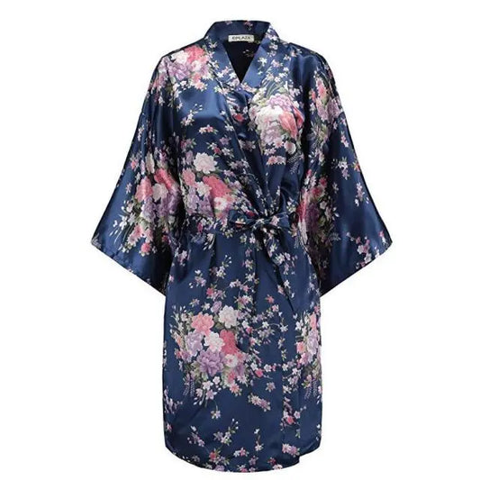 Navy Pink Satin Robe Kimono - Satin & Sox