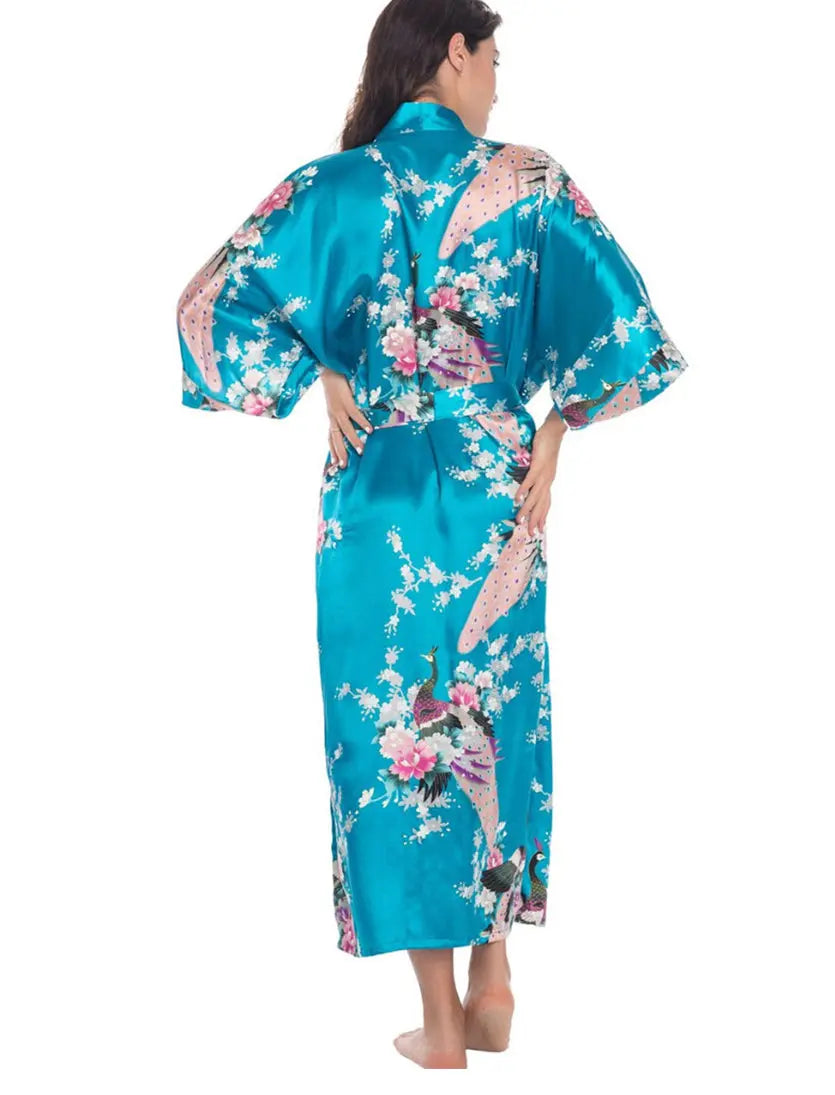 Long Satin Kimono style dressing gown Turquoise blue - Satin & Sox