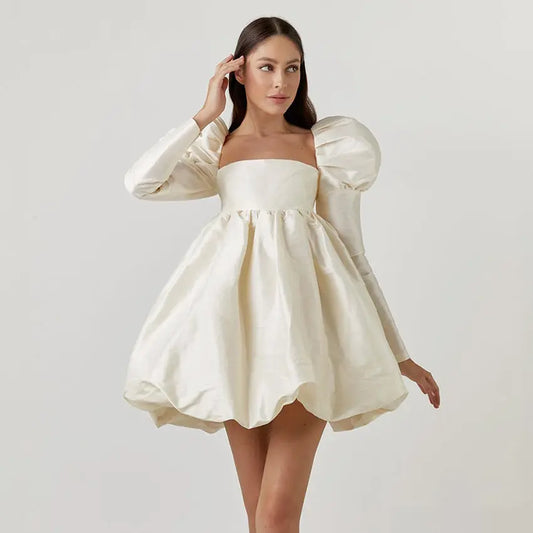 Beige Puff Sleeve Satin Mini Dress - Image #1