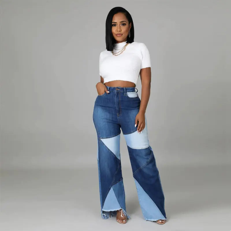 Washed Stitching Wide Leg Denim Jeans - Satin & Sox