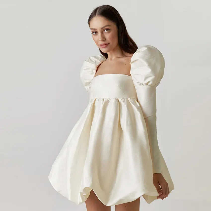 Beige Puff Sleeve Satin Mini Dress - Image #5