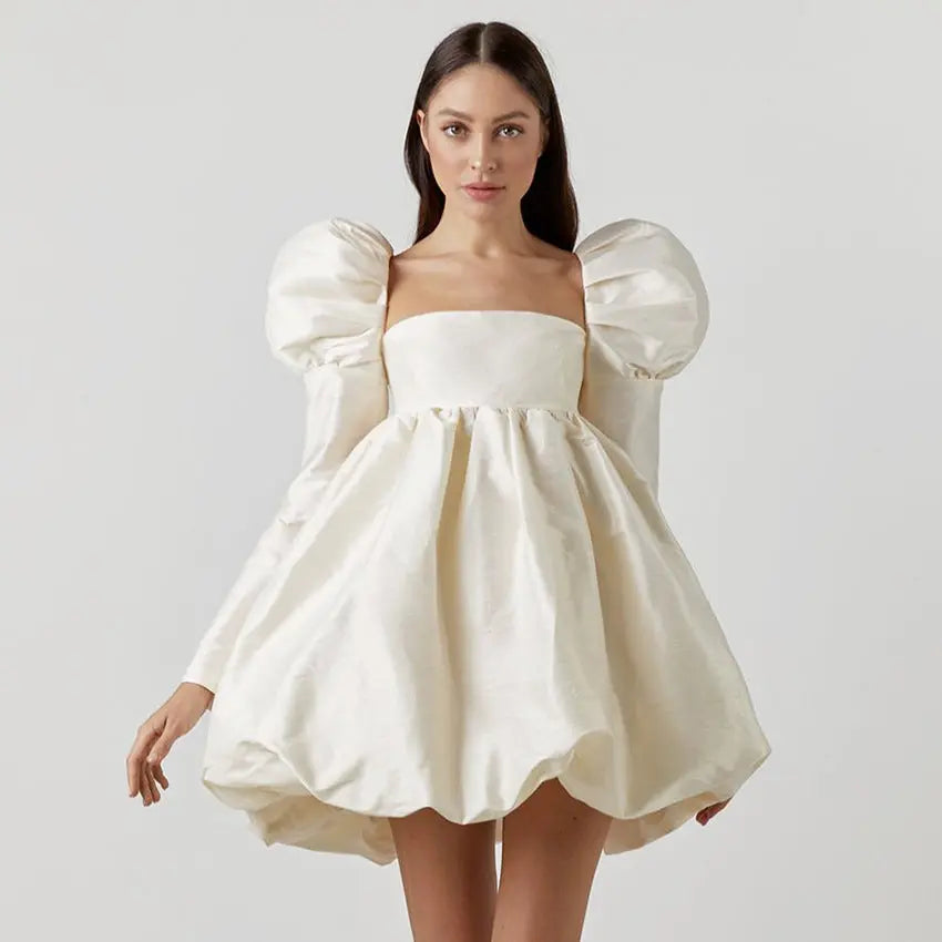 Beige Puff Sleeve Satin Mini Dress - Image #2