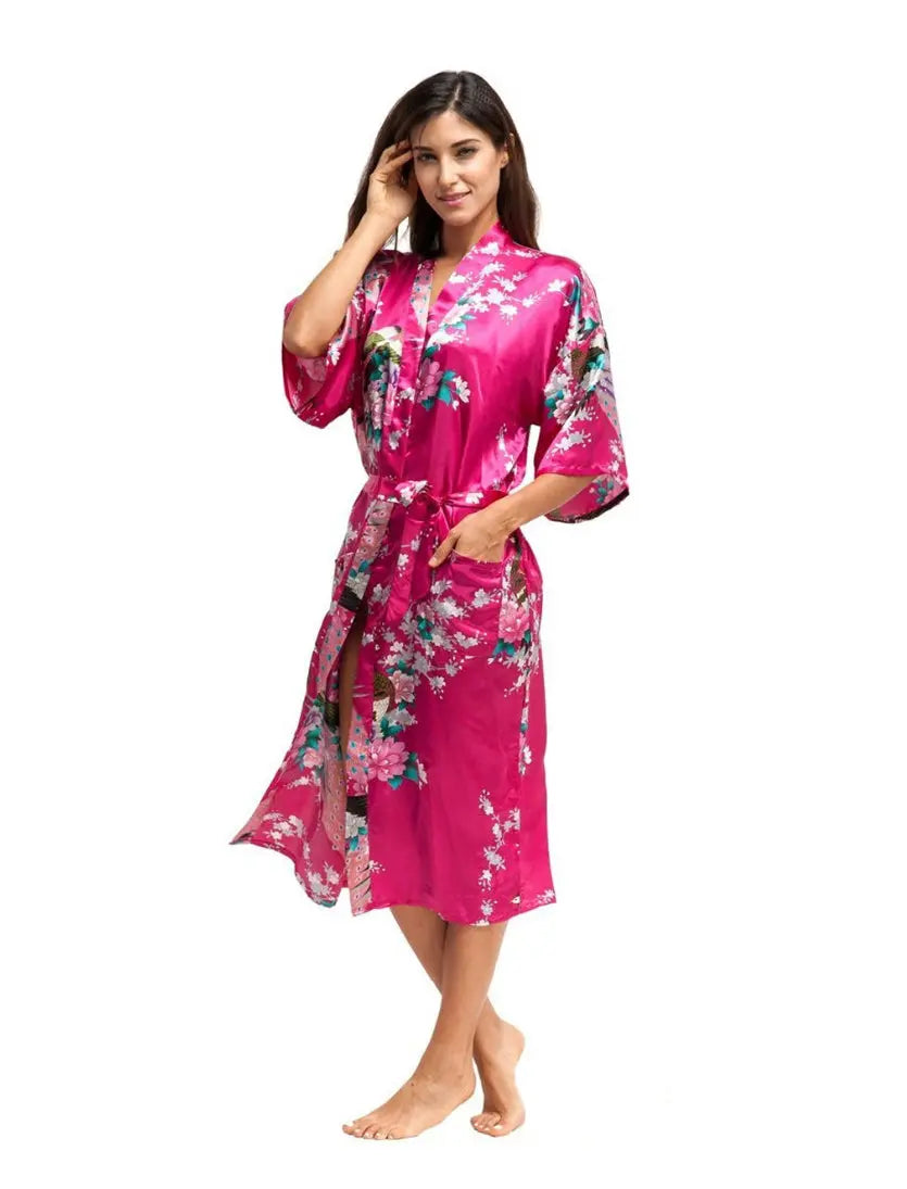 Long Satin Robe dressing gown Hot Pink - Satin & Sox