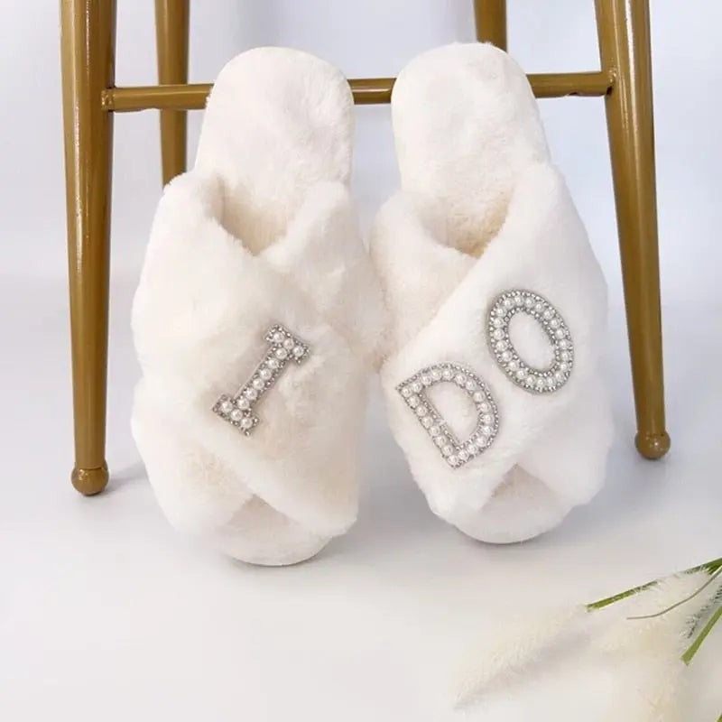 Bridal slippers fluffy wedding day sliders - Satin & Sox