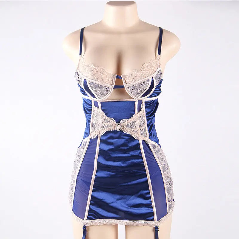 Blue Satin and Lace Plus Size Baby doll Night Dress - Satin & Sox