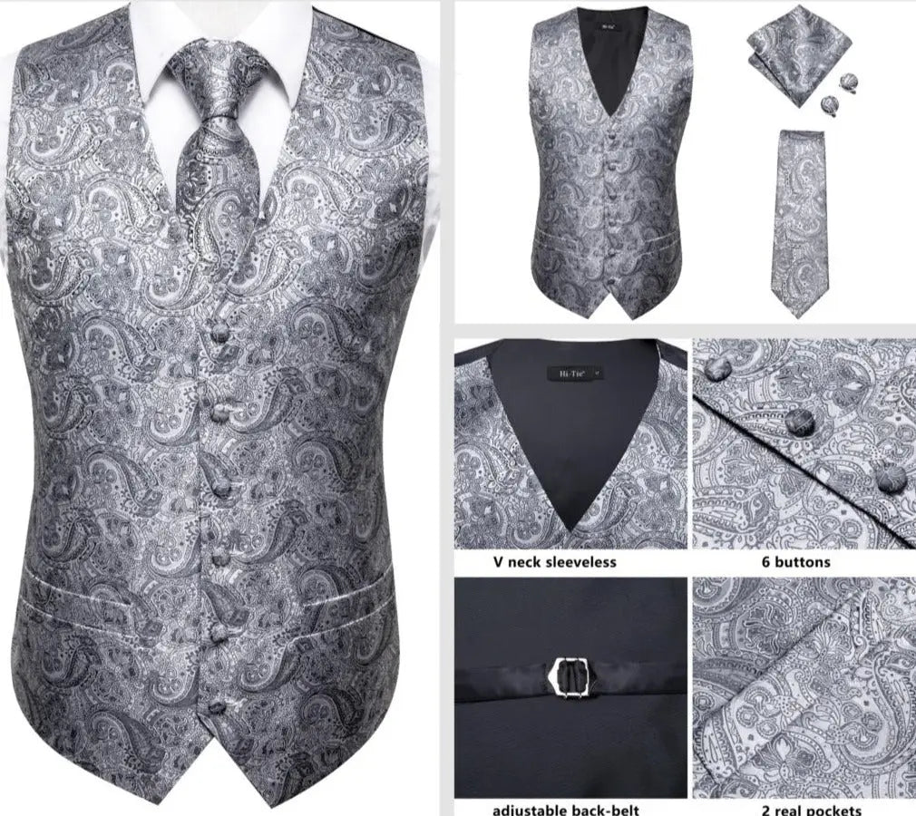 Men's satin waistcoat and tie set Silver Paisley - Satin & Sox