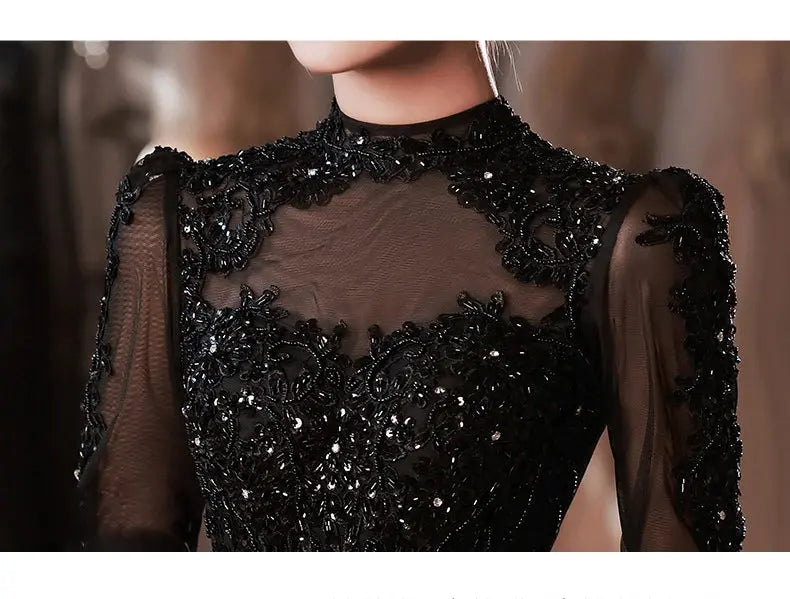 Exquisite Long Black Evening Dress Beading Mesh Sleeve - Image #4