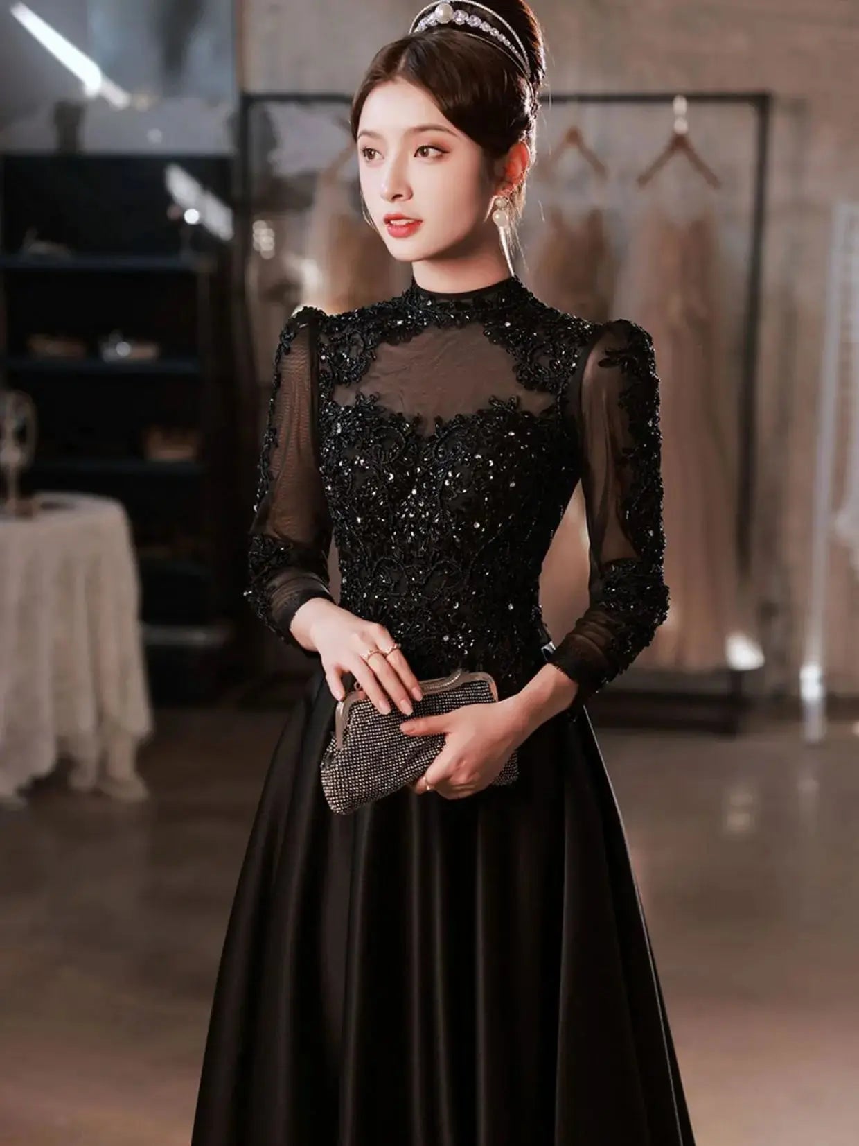 Exquisite Long Black Evening Dress Beading Mesh Sleeve - Image #1