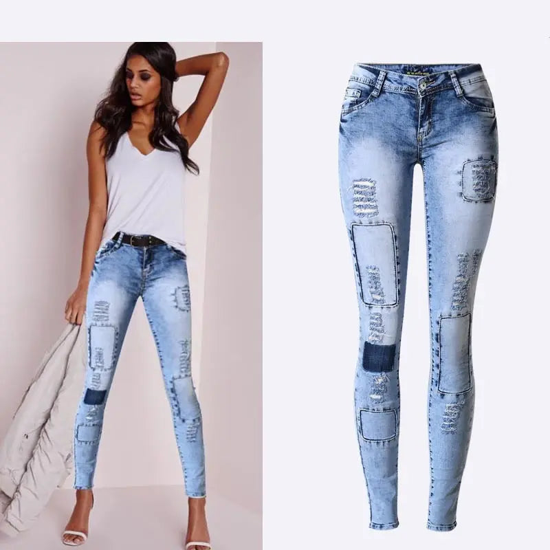 Sky Blue Patchwork Skinny Jeans - Satin & Sox