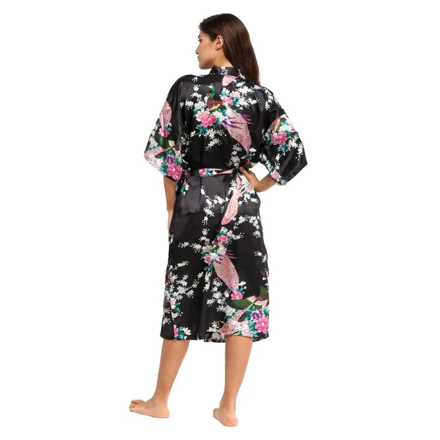 Long Satin Kimono style dressing gown Black and Pink 'Jaeda' - Satin & Sox