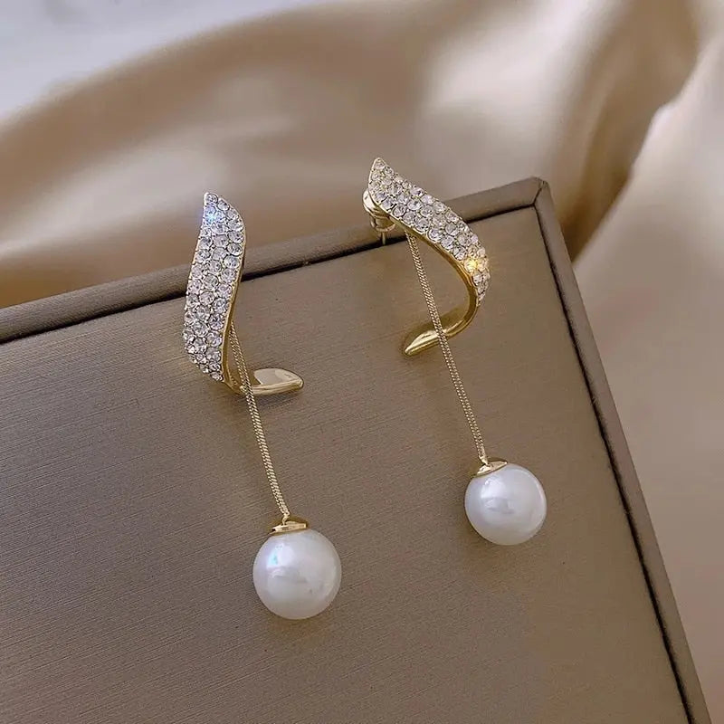 Gold Diamante Pearl Drop Bridal Earrings - Satin & Sox