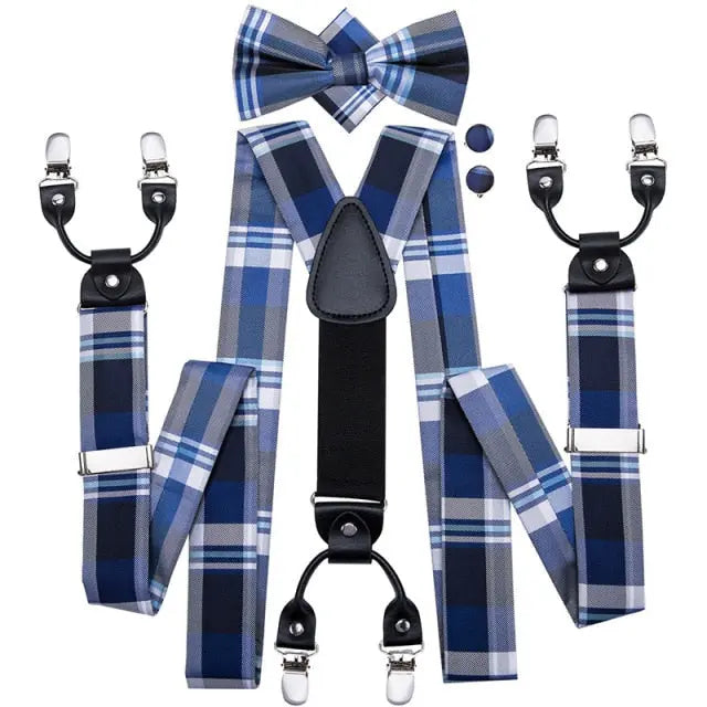 Blue Chequered Men's Bow Tie and Braces Set - Satin & Sox