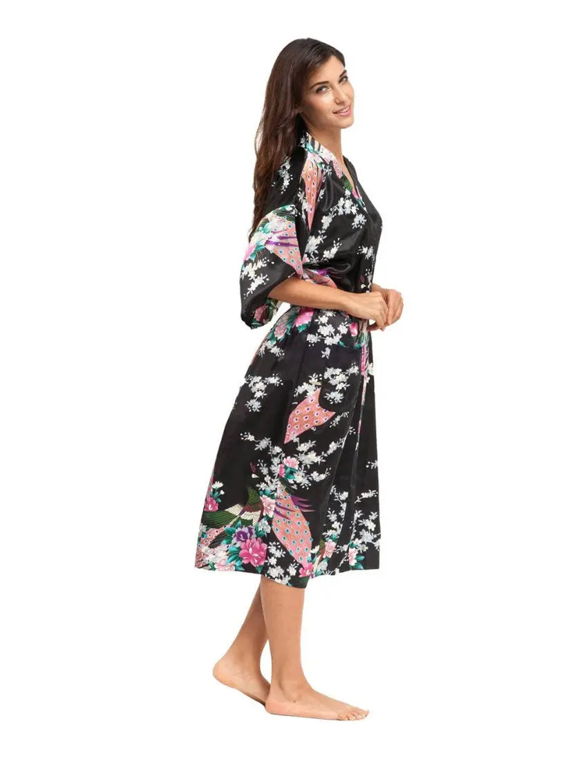 Long Satin Kimono style dressing gown Black and Pink 'Jaeda' - Satin & Sox