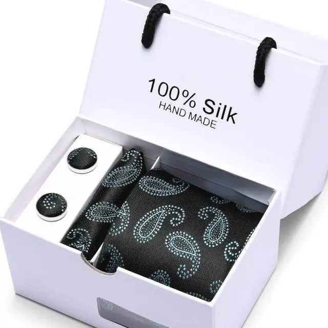 Black Turquoise Paisley Hand made Silk Tie With Hanky and Cufflinks Set - Satin & Sox