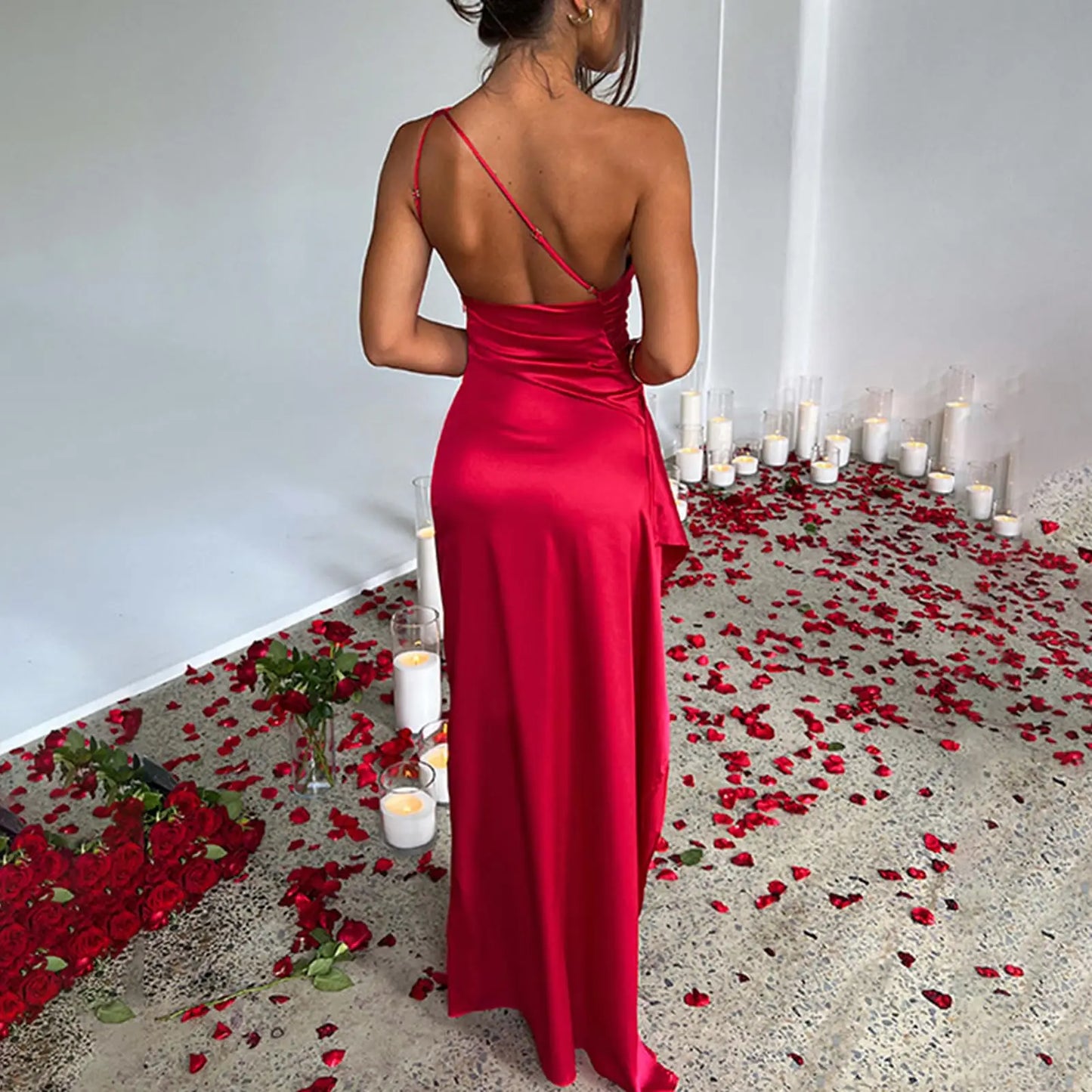 Satin One Shoulder High slit Floor-Length Dress