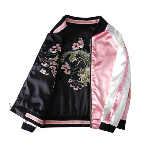pink and black satin bomber jacket with japanese flower embroidery designer style superdry