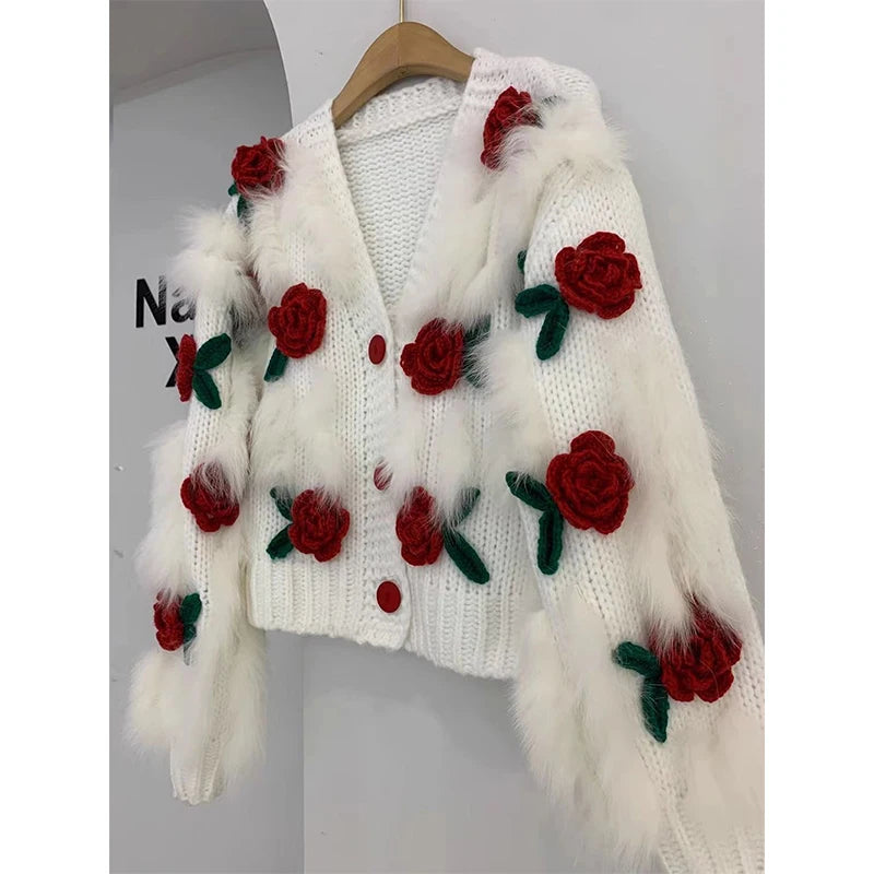 Knitted Cardigan Flower Sweater - Satin & Sox