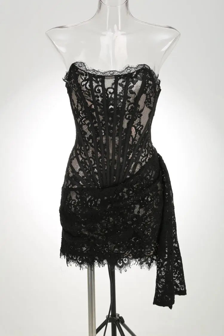 Black Corset Style Lace Dress - Satin & Sox