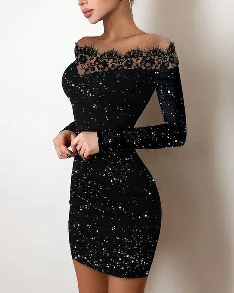 Long sleeved Lace Black Sparkly Dress - Satin & Sox