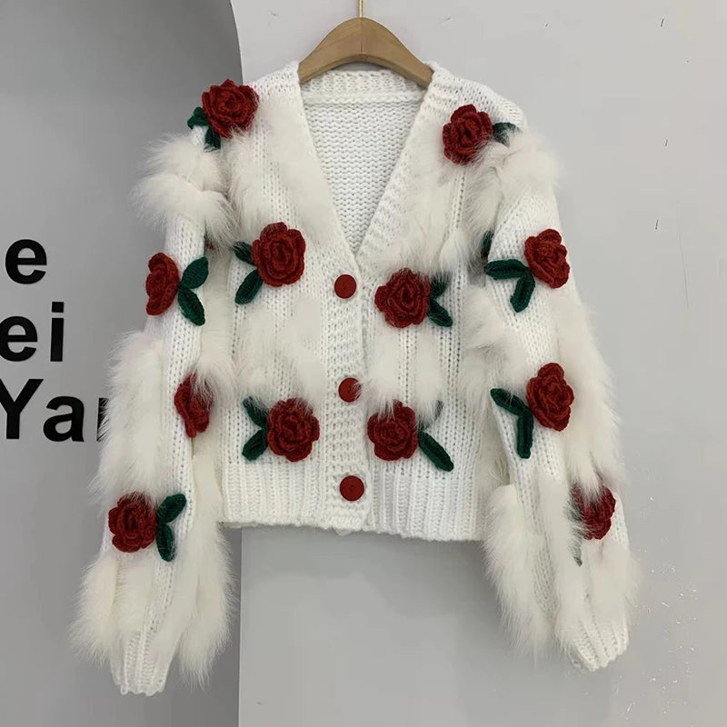 Knitted Cardigan Flower Sweater - Satin & Sox