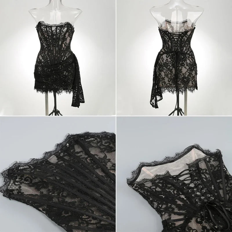 Black Corset Style Lace Dress - Satin & Sox