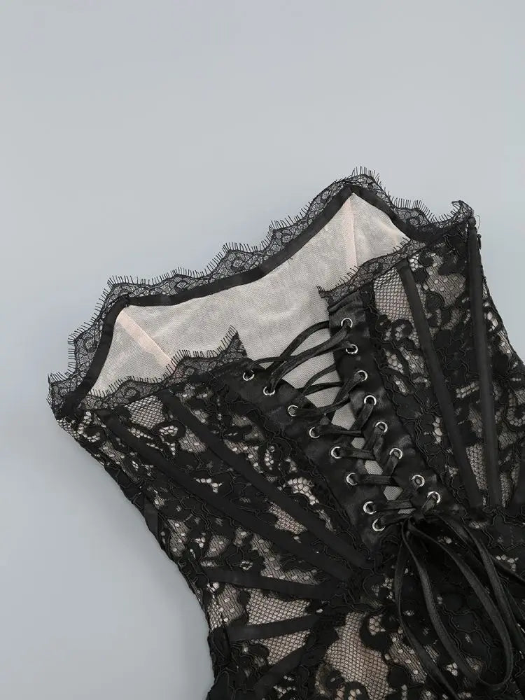 Black Corset Style Lace Dress - Satin & Sox