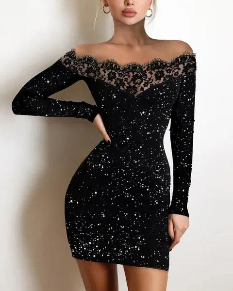 Long sleeved Lace Black Sparkly Dress - Satin & Sox