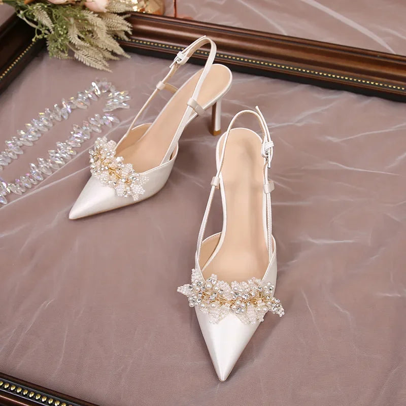 Ivory Beige Satin Pointed Toe Pearl Embellished Ankle Strap Wedding Shoes