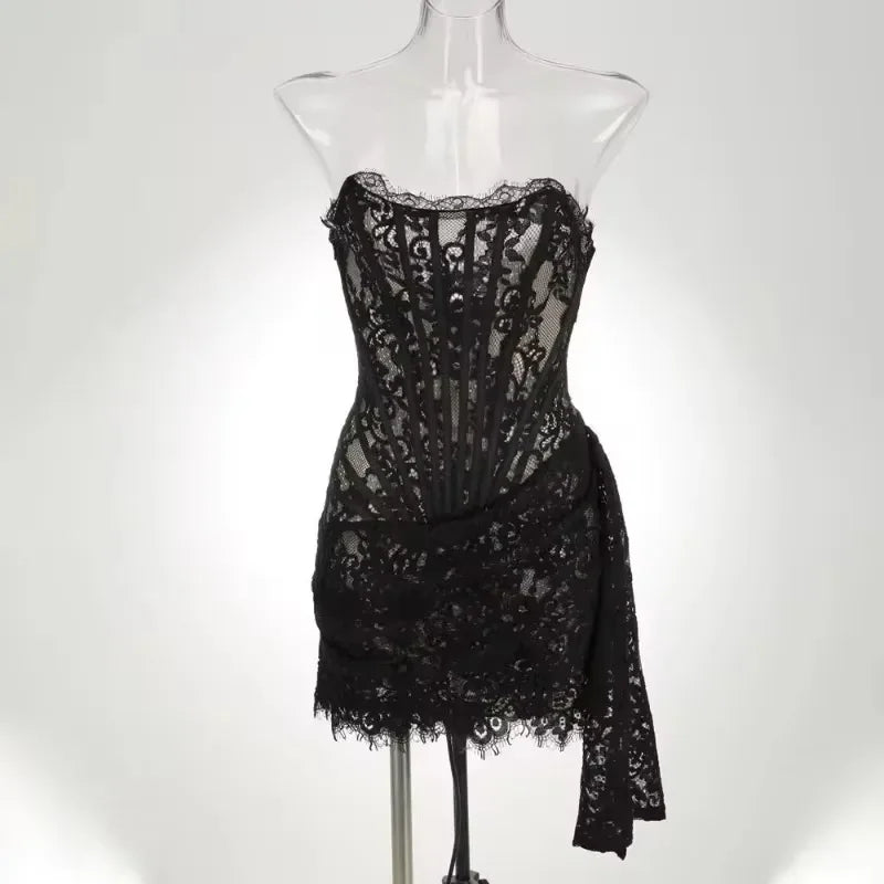 Black Corset Style Lace Dress - Satin & Sox