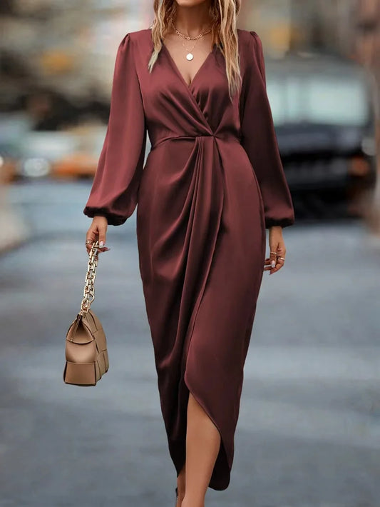 Long Sleeve Satin Wrap Dress