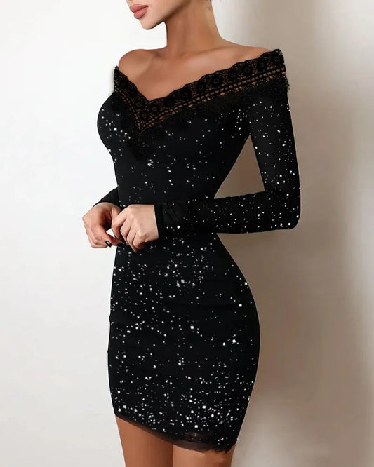 Long sleeved Lace Black Sparkly Dress - Satin & Sox