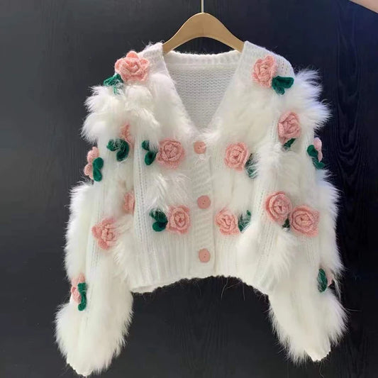 Knitted Cardigan Flower Sweater - Satin & Sox