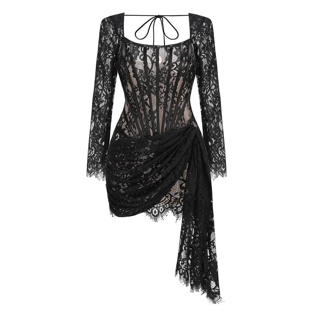 Black Corset Style Lace Dress - Satin & Sox