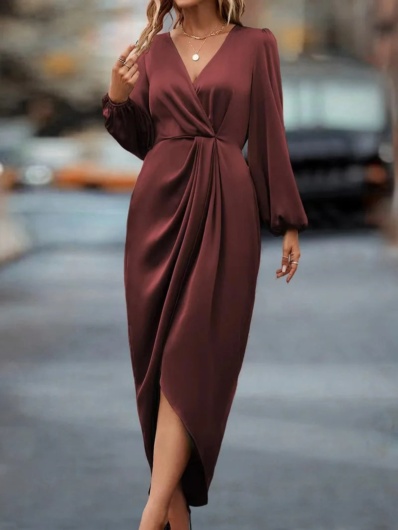 Long Sleeve Satin Wrap Dress