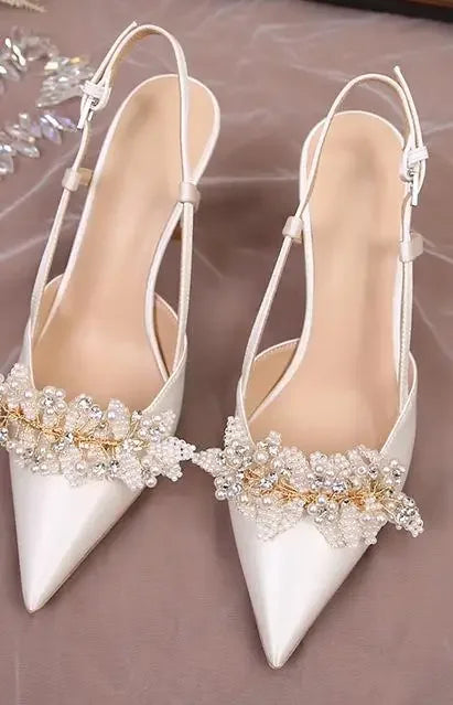 Ivory Beige Satin Pointed Toe Pearl Embellished Ankle Strap Wedding Shoes