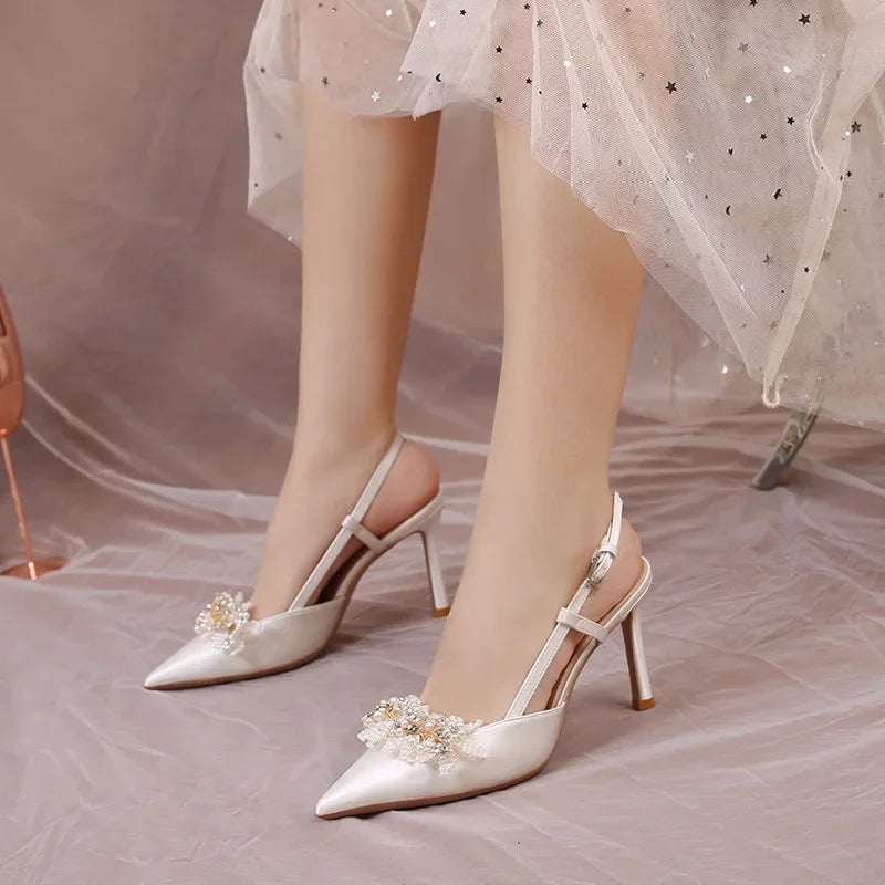 Ivory Beige Satin Pointed Toe Pearl Embellished Ankle Strap Wedding Shoes