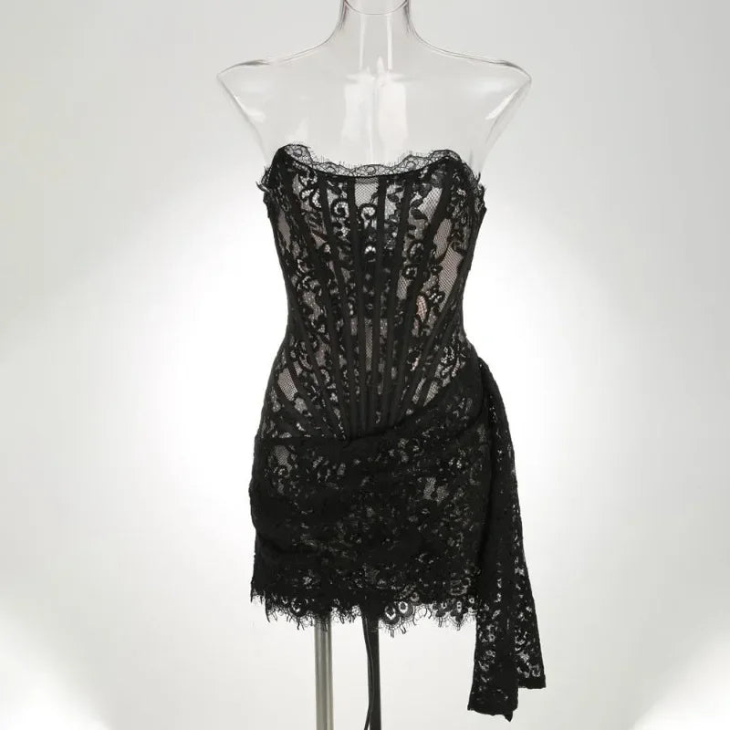 Black Corset Style Lace Dress - Satin & Sox