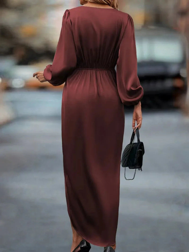 Long Sleeve Satin Wrap Dress