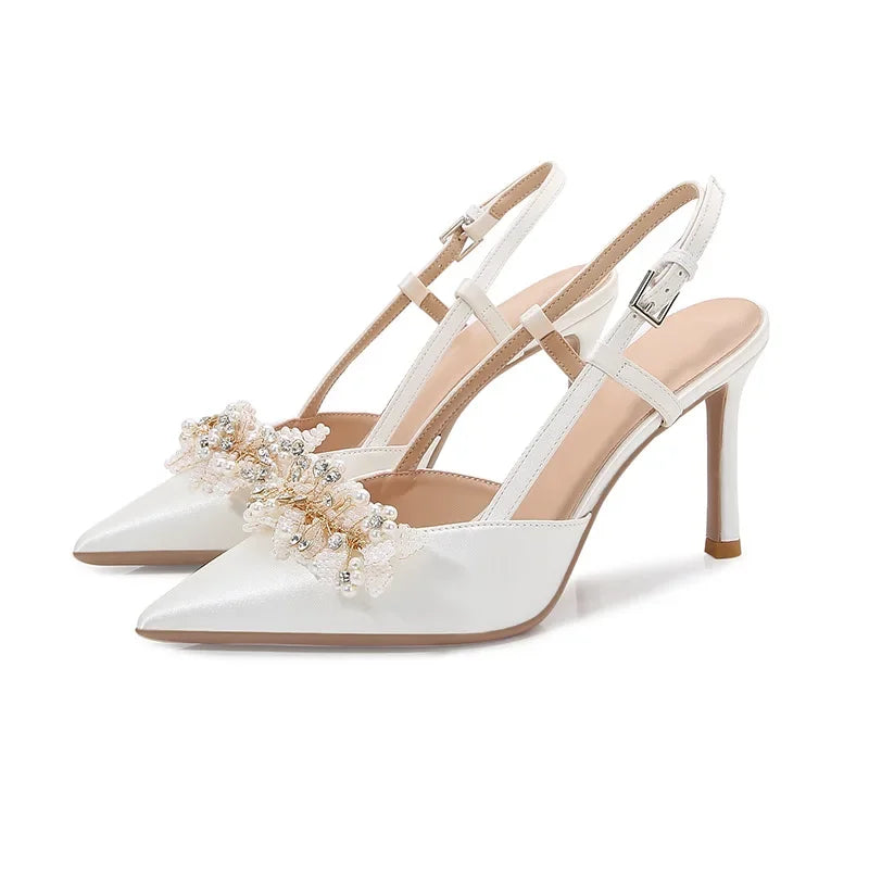 Ivory Beige Satin Pointed Toe Pearl Embellished Ankle Strap Wedding Shoes