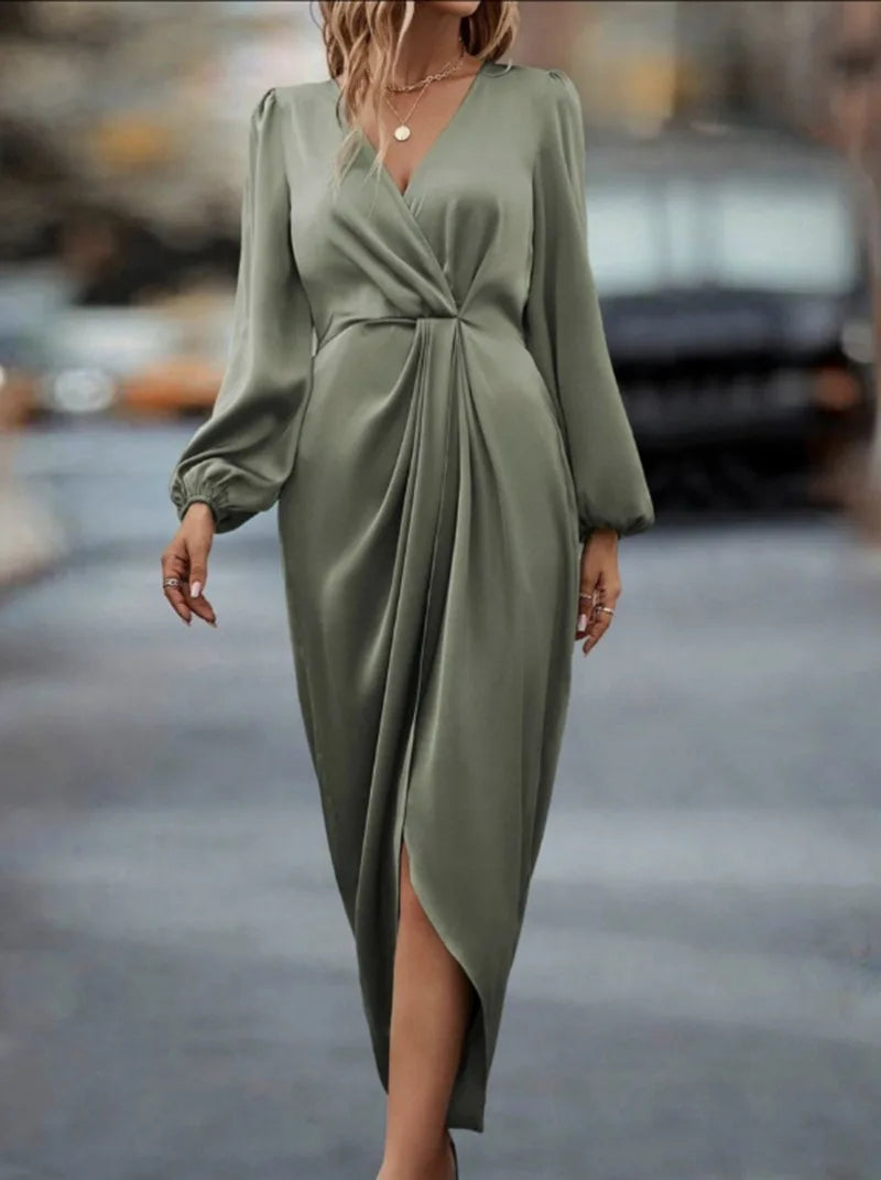 Long Sleeve Satin Wrap Dress