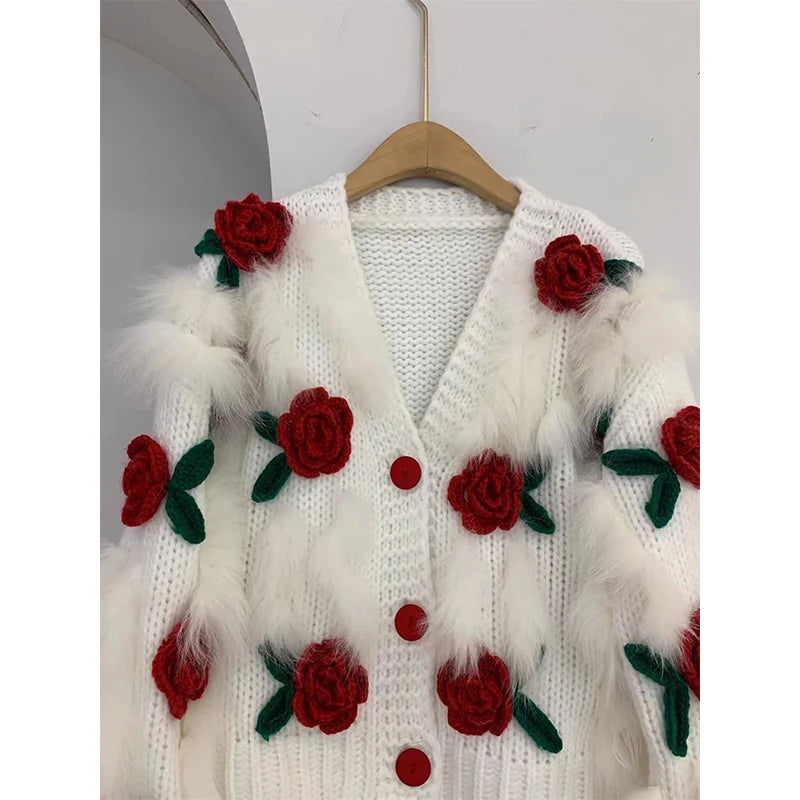 Knitted Cardigan Flower Sweater - Satin & Sox