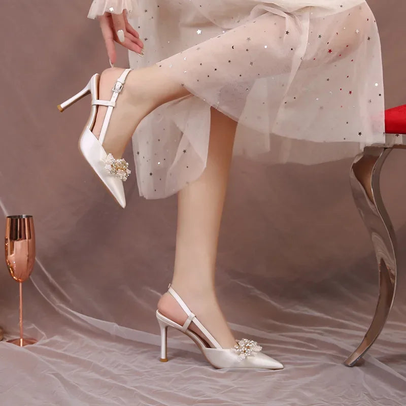 Ivory Beige Satin Pointed Toe Pearl Embellished Ankle Strap Wedding Shoes