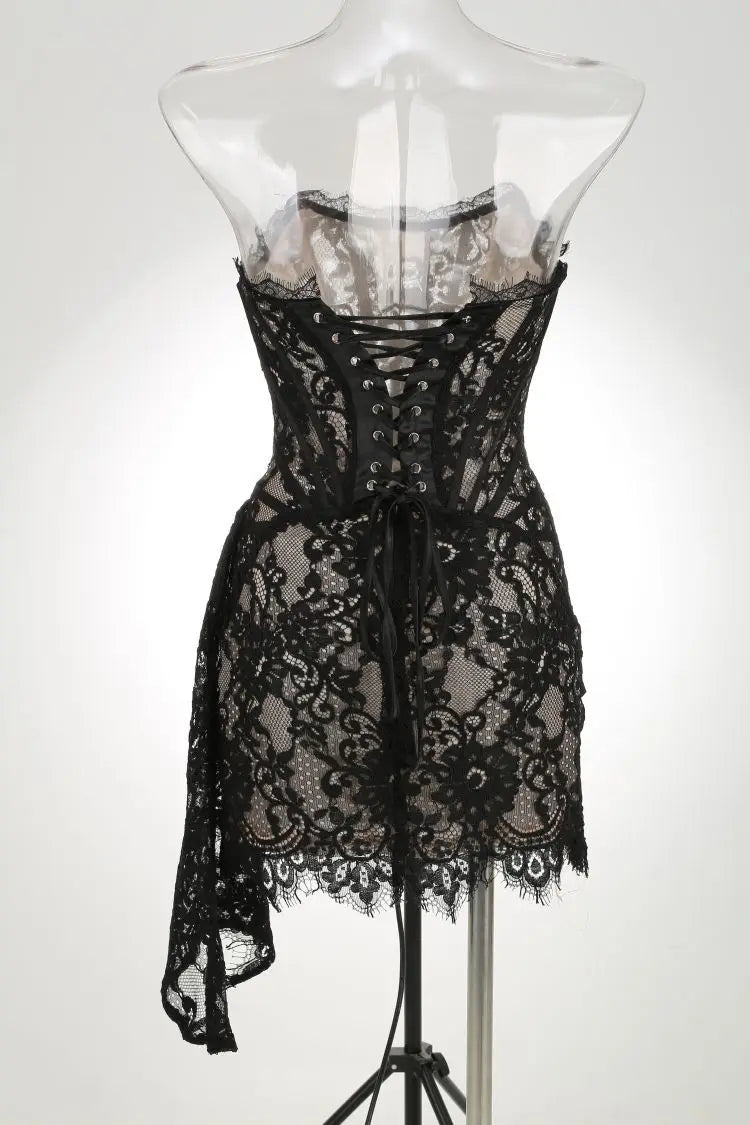 Black Corset Style Lace Dress - Satin & Sox