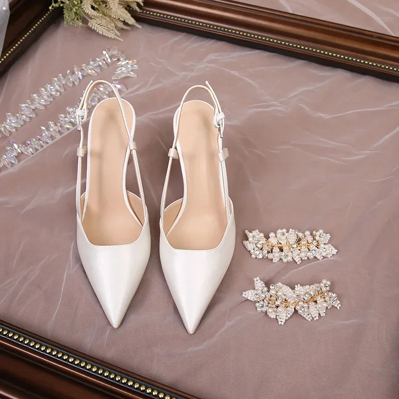 Ivory Beige Satin Pointed Toe Pearl Embellished Ankle Strap Wedding Shoes