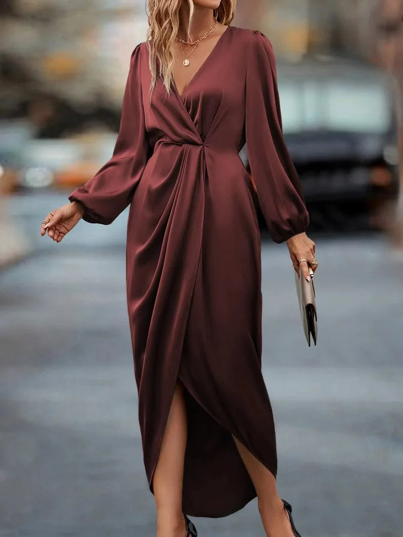 Long Sleeve Satin Wrap Dress